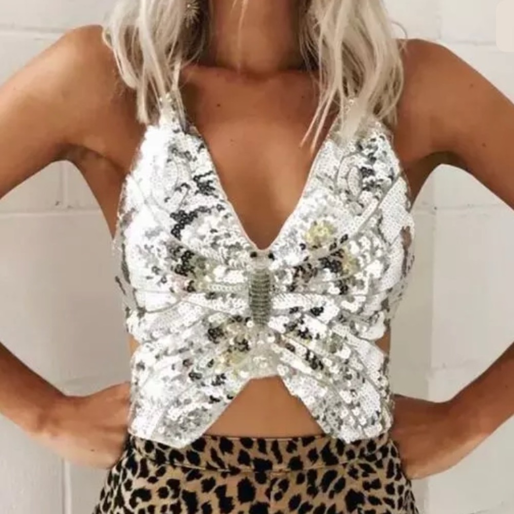Silver glitter Sequin butterfly festival crop top